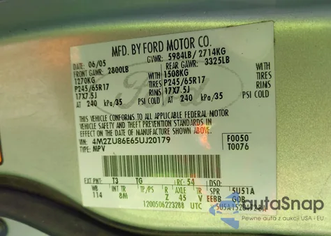 2005 Mercury Mountaineer из США, поврежденный, VIN 4M2ZU86E65UJ20179